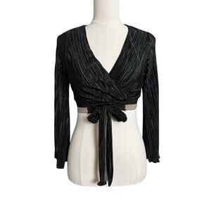 LUX LA Wrap Blouse Womens Small Black Pleated Long Sleeve Cropped Party Top